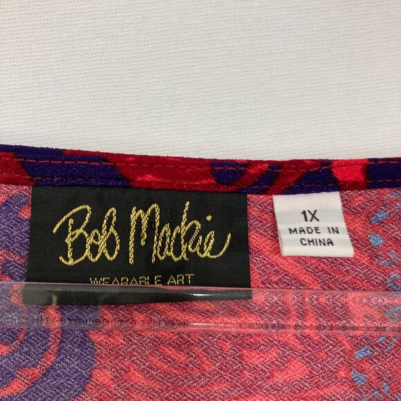 Bob Mackie size 1X Red Purple Floral Flare Sleeve Stretch Knit Blouse Romantic - Picture 2 of 8